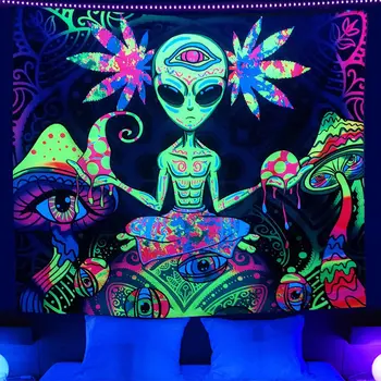 Психоделический Гобелен Настенная ткань Декор Гостиной Спальни Эстетическое Настенное искусство Светящийся Плакат с Инопланетянином Украшение дома