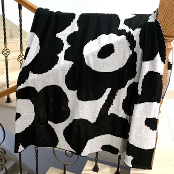 Черно-белый цветок, Вязаное одеяло, покрывало для дивана для отдыха, Офисный чехол, плед, Декор для дома в скандинавском стиле Ins С кондиционером