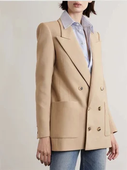 Женская двубортная куртка с длинным рукавом, женская однотонная Тонкая Темпераментная куртка с карманами, Новинка осени 2023 года