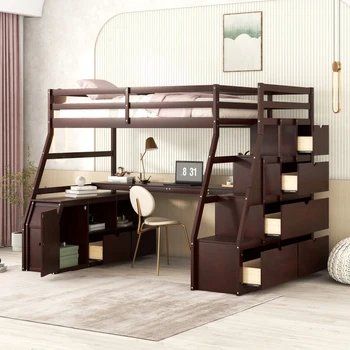 Двуспальная кровать-чердак с 7 выдвижными ящиками, 2 полками и письменным столом, простая в сборке, для внутренней мебели для спальни, Espresso