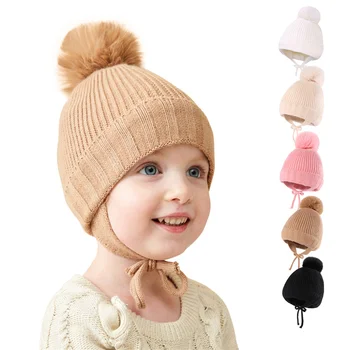 Детская шапочка-ушанка для мальчиков и девочек, зимняя шерстяная шапка с помпоном из натурального меха, теплая вязаная детская шапочка, детские шапочки с помпоном, шапочка