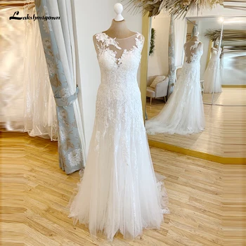 Boho Illusion, кружевные аппликации с круглым вырезом, свадебные платья трапециевидной формы, тюлевые свадебные платья с открытой спиной, vestido de noiva