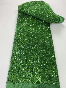 2023 Модная Африканская Бархатная кружевная ткань Высокого качества, швейцарское кружево, вышивка, 3D зеленая сетка с блестками, 5 ярдов, сшитое вечернее платье
