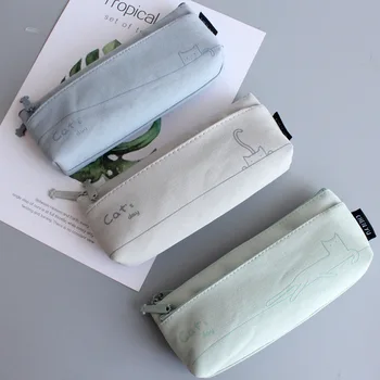 Сумки для карандашей из хлопчатобумажной ткани в свежем стиле, двухслойные студенческие сумки для карандашей с мультяшным котом, простые практичные сумки для карандашей
