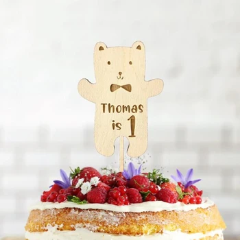 Медведь Деревянный Топпер для торта, Украшение торта на День Рождения, Индивидуальное имя и возраст, Лазерная Резка, Гравировка, Кондитерские Аксессуары, Декор торта