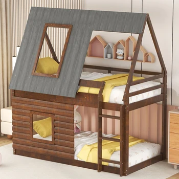 Двухъярусная кровать из дерева с крышей, лестницей и 2 окнами современного дизайна, прочная конструкция, подходит для детской спальни