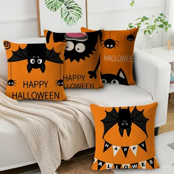 Наволочки для подушек серии Orange Happy Halloween, декор для гостиной, милая летучая мышь, паук, Черная кошка, льняная наволочка, наволочки для подушек