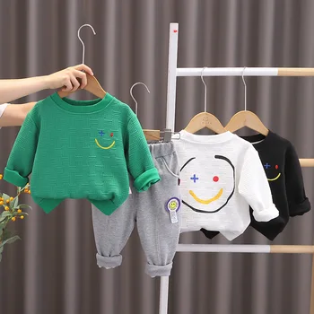 Комплект из двух предметов для мальчиков, весна и осень 2023, новая одежда для мальчиков, спортивный детский свитер и брюки с улыбающимся лицом