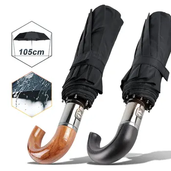 Британский зонт с кожаной ручкой, мужской автоматический деловой, 10 ребер, ветрозащитный, 3-х складной, большой зонт от дождя, женский Качественный зонтик