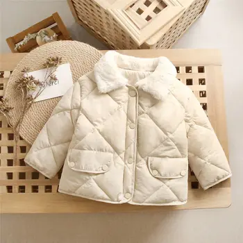 Осенне-зимнее детское хлопковое пуховое пальто корейской версии для мальчиков и девочек с утолщенным и теплым меховым воротником