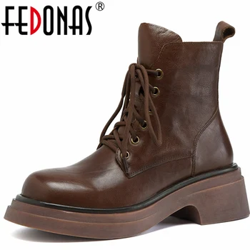 FEDONAS/ Женские ботильоны с перекрестной шнуровкой в стиле ретро, на толстом каблуке, из натуральной кожи, качественная повседневная уличная женская обувь на молнии, осень-зима