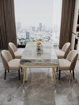 Сочетание обеденного стола и стула из светлой каменной плиты, домашний свет, роскошный современный простой прямоугольный мраморный обеденный стол