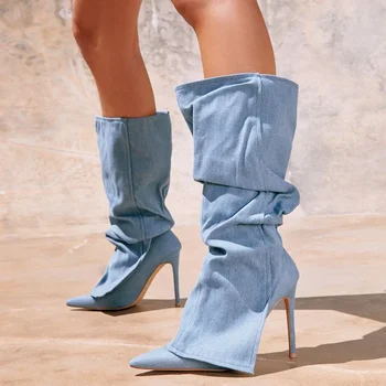 Элегантные синие джинсовые сапоги на шпильке с острым носком, высокие сапоги до икры, без застежки, ковбойская пастушка, пикантная женская весенняя обувь