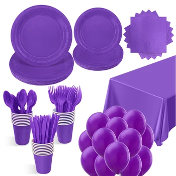 Фиолетовый Твердый Набор одноразовой посуды Для вечеринок Воздушные шары Принадлежности Бумажные Тарелки Чашки Скатерть Украшения для Дня Рождения Русалки