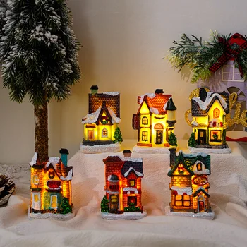 Рождественский светодиодный световой дом, украшения для Рождественской елки, Маленький деревенский дом из светодиодной смолы, Рождественский Светящийся Декор, подарок 2023, с Новым Годом, Декоры