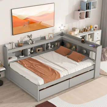 Двуспальная кровать с Г-образными книжными шкафами, выдвижными ящиками, серый