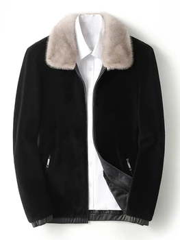 Мужчины 2023, Осенне-зимние модные пальто с воротником из меха норки, мужские куртки из натуральной шерсти ягненка, мужская тонкая теплая верхняя одежда с длинным рукавом, A322