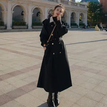 Корейская версия Черной ветровки в стиле Хепберн, женское пальто, длинная весенне-осенняя модная куртка, пальто Z2503
