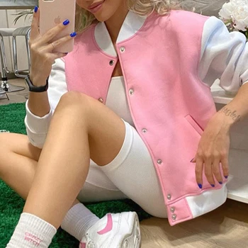 Модная розовая бейсбольная куртка в корейском стиле в стиле пэчворк, женская повседневная осенне-зимняя куртка на пуговицах, базовая куртка в студенческом стиле, женская
