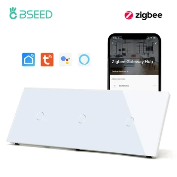 Bseed Стандартный сенсорный выключатель света Zigbee европейского стандарта, тройные умные настенные выключатели на 1/2 / 3 банды, Tuya Google Home Control без нейтральной линии