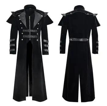 Мужчины Средневековый Стимпанк Ассасин Косплей Костюм Викторианский Монах Готический Черный Длинное пальто Винтажное Пиратское Велетное пальто S-3XL