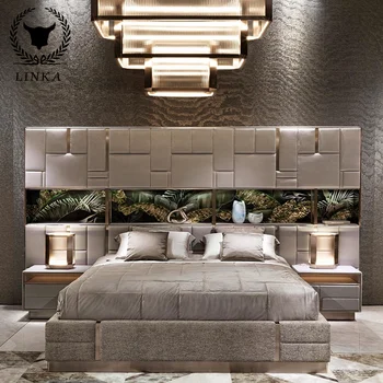 Современная итальянская светлая роскошная двуспальная кровать в главной спальне на вилле, изготовленная на заказ высококачественная кожаная кровать