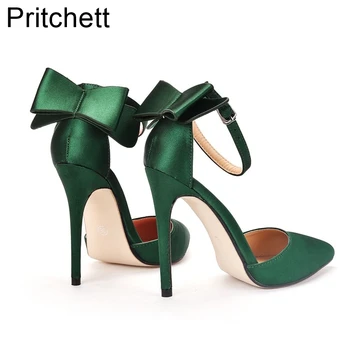 Зеленые шелковые атласные туфли на высоком каблуке с бантом и пряжкой 2023, Летние новые босоножки с острым носком большого размера, современное банкетное платье, роскошная женская обувь