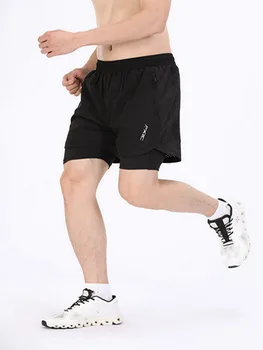 Мужские спортивные короткие шорты для бега 2 В 1 с карманами на молнии, Дышащие шорты для тренировок в тренажерном зале, Быстросохнущие шорты для тренировок