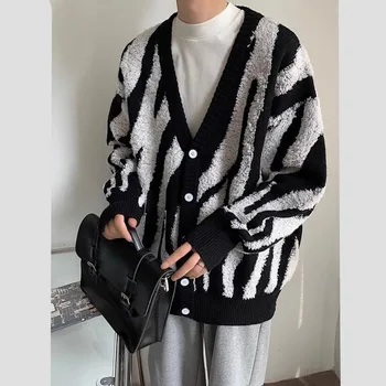 2023 Мужской кардиган с V-образным вырезом, Свободный повседневный универсальный однобортный вязаный свитер в корейском стиле, Осенняя верхняя одежда Ulzzang