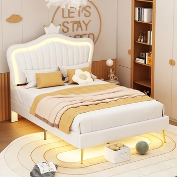 Полноразмерная кровать со светодиодной подсветкой, каркас кровати со светодиодной подсветкой, Современная мягкая кровать принцессы с изголовьем в виде короны, Молодежная детская кровать