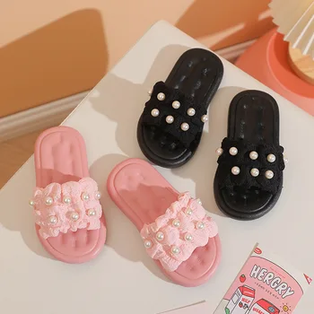 Летние детские сандалии принцессы с жемчугом, дышащие тапочки на мягкой подошве для девочек