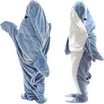Спальный мешок с мультяшной акулой, большое фланелевое одеяло с капюшоном, костюм мультяшной акулы, мягкое цельное одеяло с акулой для взрослых