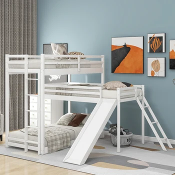 Многофункциональная трехъярусная кровать с двуспальной кроватью-чердаком, лестницей и горкой, белый, серый