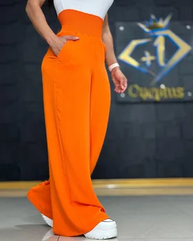 Широкие брюки с высокой талией, Оранжевые женские Эластичные Свободные брюки, брюки полной длины, Лето-Весна