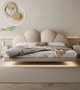 Подвесная итальянская минималистичная кожаная кровать, легкая роскошная двуспальная кровать в главной спальне 1,8 м, современная кожаная кровать, мягкая свадебная