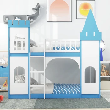 Двухъярусная кровать Blue Twin Over Twin Castle с лестницей, легко монтируемая для мебели для спальни в помещении