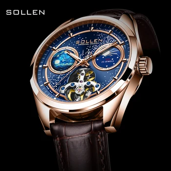 Швейцарский люксовый бренд SOLLEN Автоматические механические Мужские часы с сапфиром, светящиеся водонепроницаемые часы-скелет фазы Луны SL332