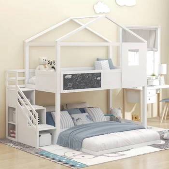 Белая двухъярусная кровать Twin over Full House с лестницей для хранения и классной доской, для мебели для спальни в помещении