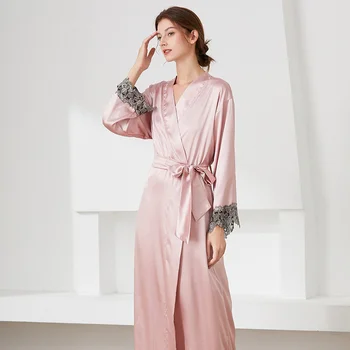 Женская осенне-зимняя пижама, удобная ночная рубашка из искусственного шелка на шнуровке, тонкий кардиган, халат, домашняя одежда с длинным рукавом