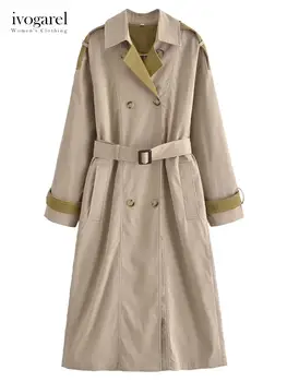 Ivogarel, контрастный тренч оверсайз, Женское длинное пальто из смеси хлопка с поясом, двубортный жакет на пуговицах с длинными рукавами.