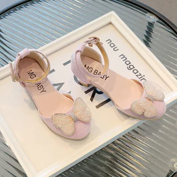 Дети Мэри Джейн для свадьбы показать бабочки PU 2023 новые дети девочки сандалии универсальные мягкие на низком каблуке пальцы, обернутые корейский