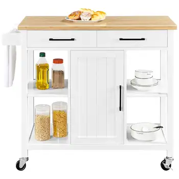 Передвижная кухонная островная тележка Easyfashion на запирающихся колесах с белыми тележками для хранения