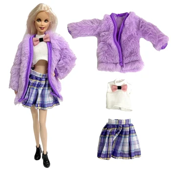 NK 3 Предмета/Комплект Модной одежды Фиолетовое Пальто Меховая Куртка + Топ + Юбка Повседневная Одежда для Куклы Барби Аксессуары 12 