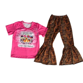 Модный Расклешенный брючный костюм с тигровым принтом, Летний Модный бутик, Современный костюм Для девочек, Футболка с короткими рукавами, Комплект из 2 предметов