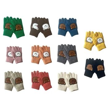 1 пара детских вязаных перчаток, зимние теплые перчатки, детские варежки с длинными пальцами, перчатки с мультяшным медведем для мальчиков и девочек 3-7 лет