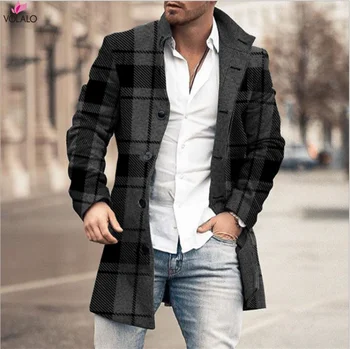 2023 Мужские однобортные пальто из шерсти и смесовых материалов, осенняя куртка в стиле ретро с воротником-лацканом, Длинные топы, верхняя одежда, сексуальное модное длинное пальто