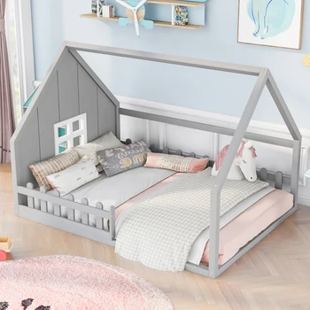 Минималистичная и современная кровать в натуральную величину из дерева с окном и ограждением, подходит для спален, детских комнат, серая