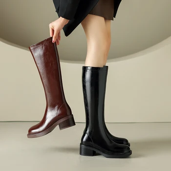 2023 новые осенне-зимние женские сапоги до колена из натуральной кожи 22-25 см, современные сапоги из воловьей кожи с квадратным носком и боковой молнией, длинные сапоги