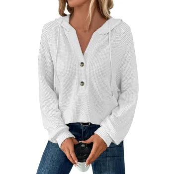 Женский повседневный пуловер свободного кроя с длинными рукавами и капюшоном на завязках, V-образный вырез на пуговицах, однотонный высококачественный свитер-топ
