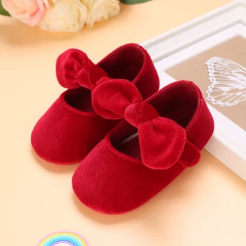 Обувь для новорожденных девочек, Бархатная Красная Рождественская Обувь для девочек 0-18 м, детская обувь для девочек с бантом, первые ходунки